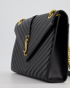 Saint Laurent Black Envelope Shoulder Bag in Grained Calfskin With Gold Hardware