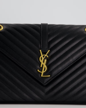 Saint Laurent Black Envelope Shoulder Bag in Grained Calfskin With Gold Hardware