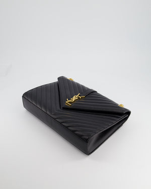 Saint Laurent Black Envelope Shoulder Bag in Grained Calfskin With Gold Hardware