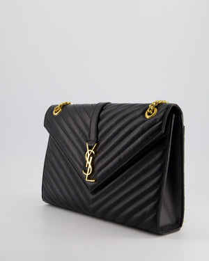 Saint Laurent Black Envelope Shoulder Bag in Grained Calfskin With Gold Hardware