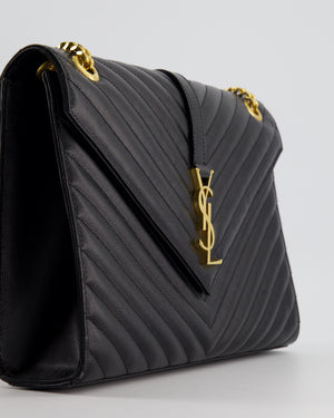 Saint Laurent Black Envelope Shoulder Bag in Grained Calfskin With Gold Hardware