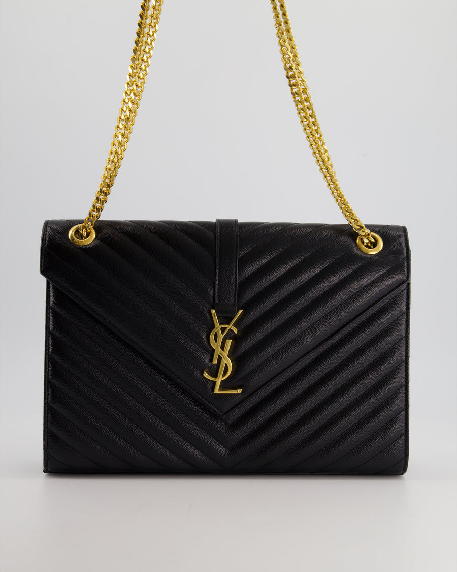 Saint Laurent Black Envelope Shoulder Bag in Grained Calfskin With Gold Hardware