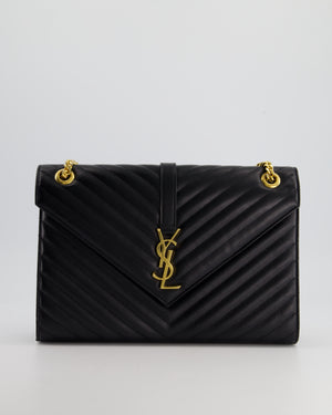 Saint Laurent Black Envelope Shoulder Bag in Grained Calfskin With Gold Hardware