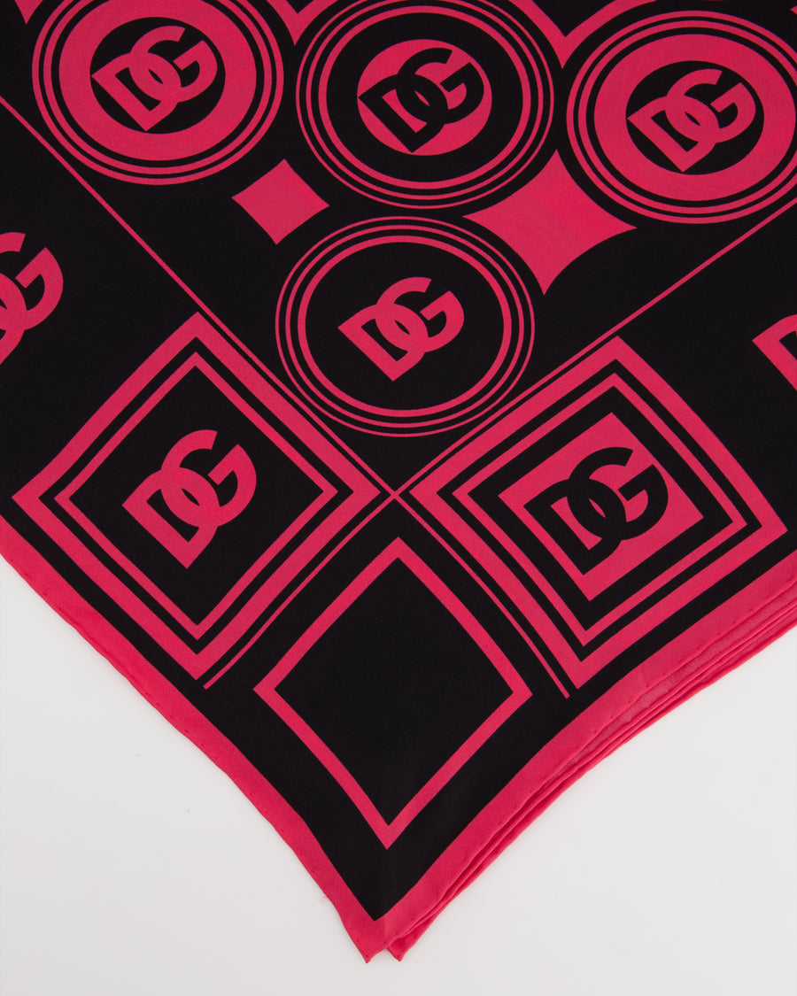 Dolce & Gabbana Black and Pink Logo Printed Silk Scarf