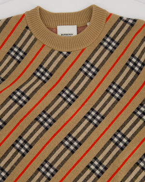 Burberry Camel Merino Wool Jumper with Black & Red Chequered Print Size XS (UK 6)