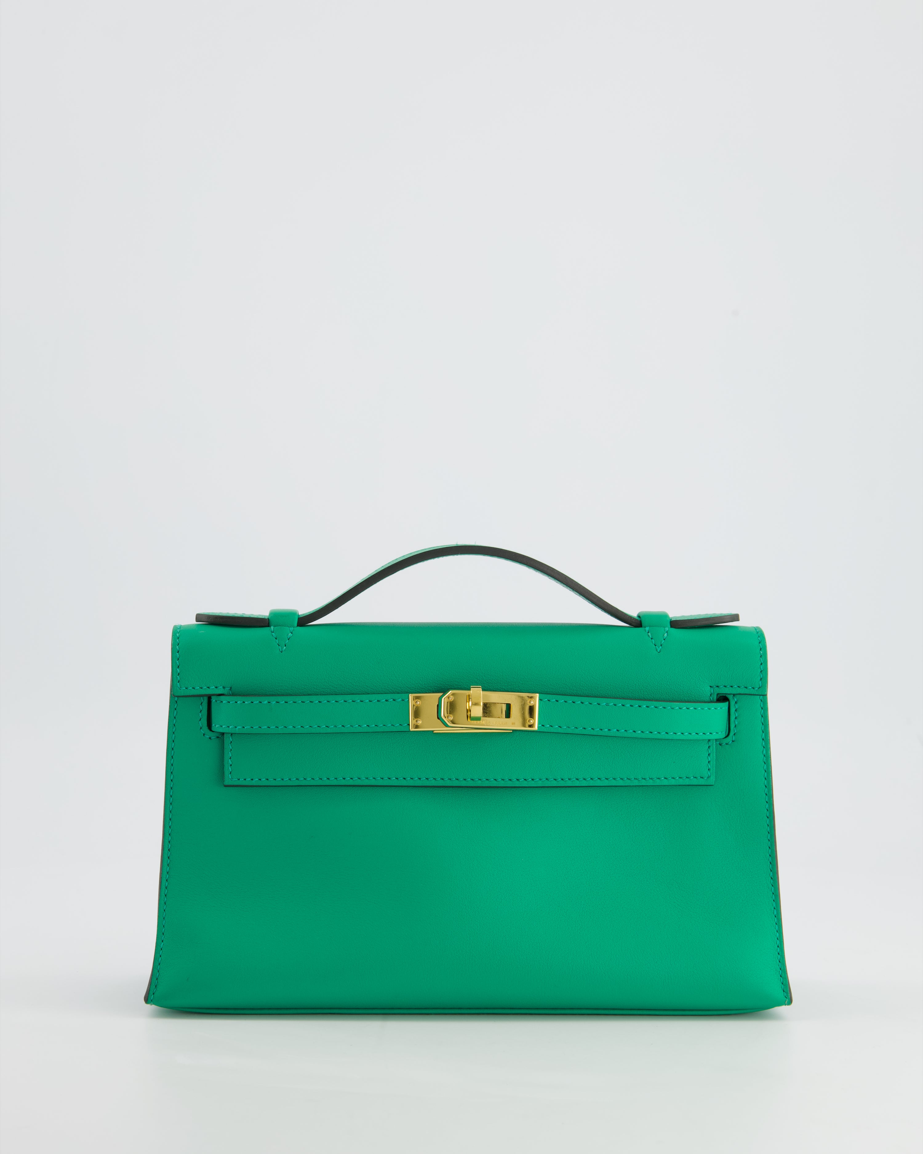 SUPER RARE Hermes Kelly Pochette in Menthe Swift Leather with Gold Hardware