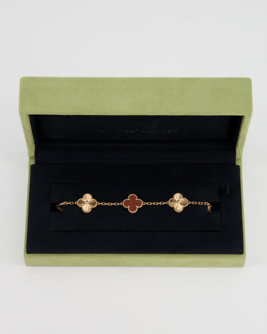 *SUPER RARE* Van Cleef & Arpels Vintage Alhambra 5 Motif Bracelet in 18K Rose Gold Guilloche with Carnelain