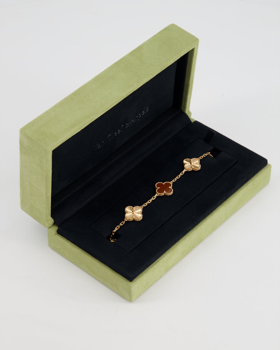 *SUPER RARE* Van Cleef & Arpels Vintage Alhambra 5 Motif Bracelet in 18K Rose Gold Guilloche with Carnelain