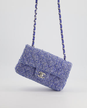 *HOT* Chanel Blue and White Tweed Mini Rectangular Single Flap Bag with Silver Hardware