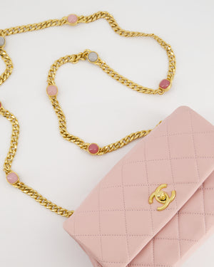 Chanel Baby Pink Mini Flap Bag with Pastel Embellished Chain Detail in Lambskin Leather and Gold Hardware