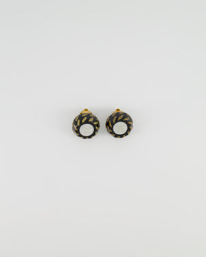 Chanel Vintage Black and Yellow Gold Round Clip-On Earrings with CC Pearl Logo Detail