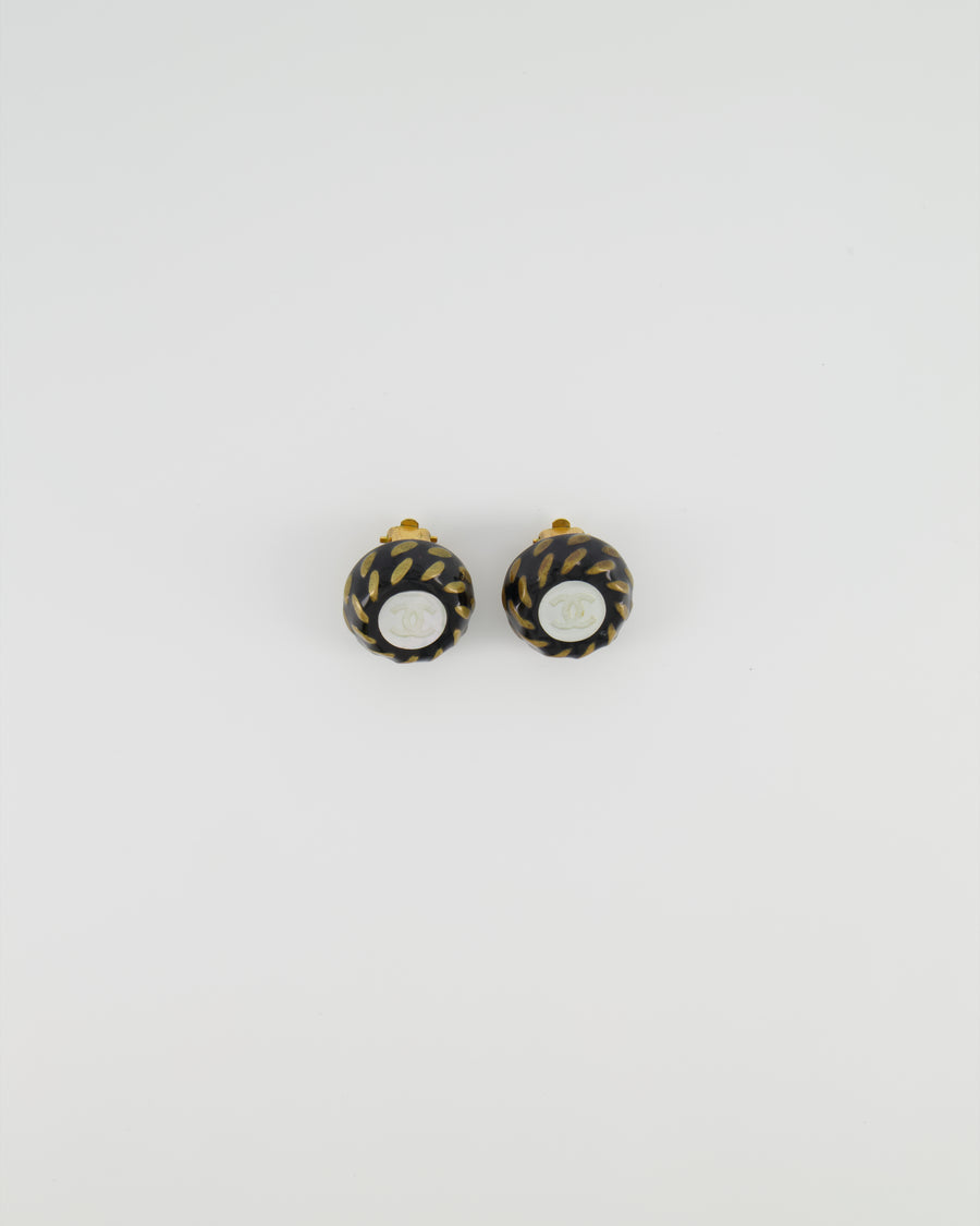 Chanel Vintage Black and Yellow Gold Round Clip-On Earrings with CC Pearl Logo Detail