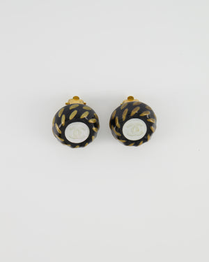 Chanel Vintage Black and Yellow Gold Round Clip-On Earrings with CC Pearl Logo Detail