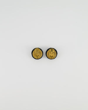 Chanel Vintage Black and Yellow Gold Round Clip-On Earrings with CC Pearl Logo Detail