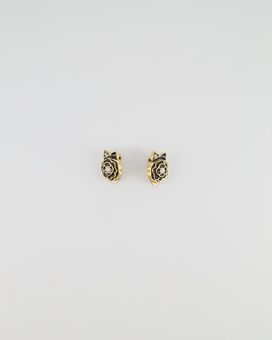 Chanel Vintage Black Camelia Flower Clip-On Earrings with CC Logo Detail