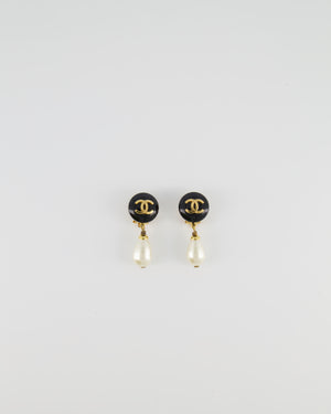 Chanel Vintage Black Round CC Logo Clip-On Earrings with Pearl Details