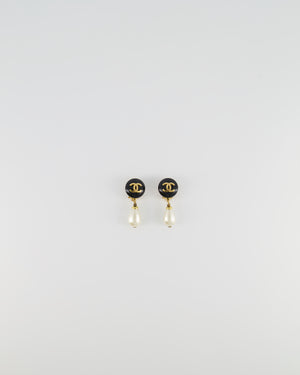 Chanel Vintage Black Round CC Logo Clip-On Earrings with Pearl Details