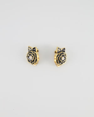 Chanel Vintage Black Camelia Flower Clip-On Earrings with CC Logo Detail