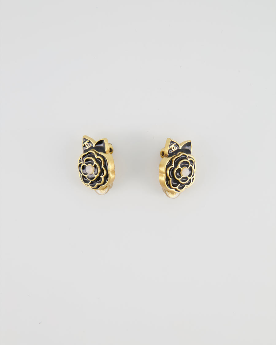 Chanel Vintage Black Camelia Flower Clip-On Earrings with CC Logo Detail