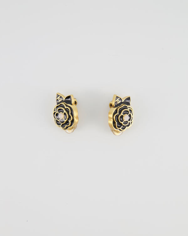 Chanel Vintage Black Camelia Flower Clip-On Earrings with CC Logo Detail