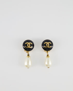 Chanel Vintage Black Round CC Logo Clip-On Earrings with Pearl Details