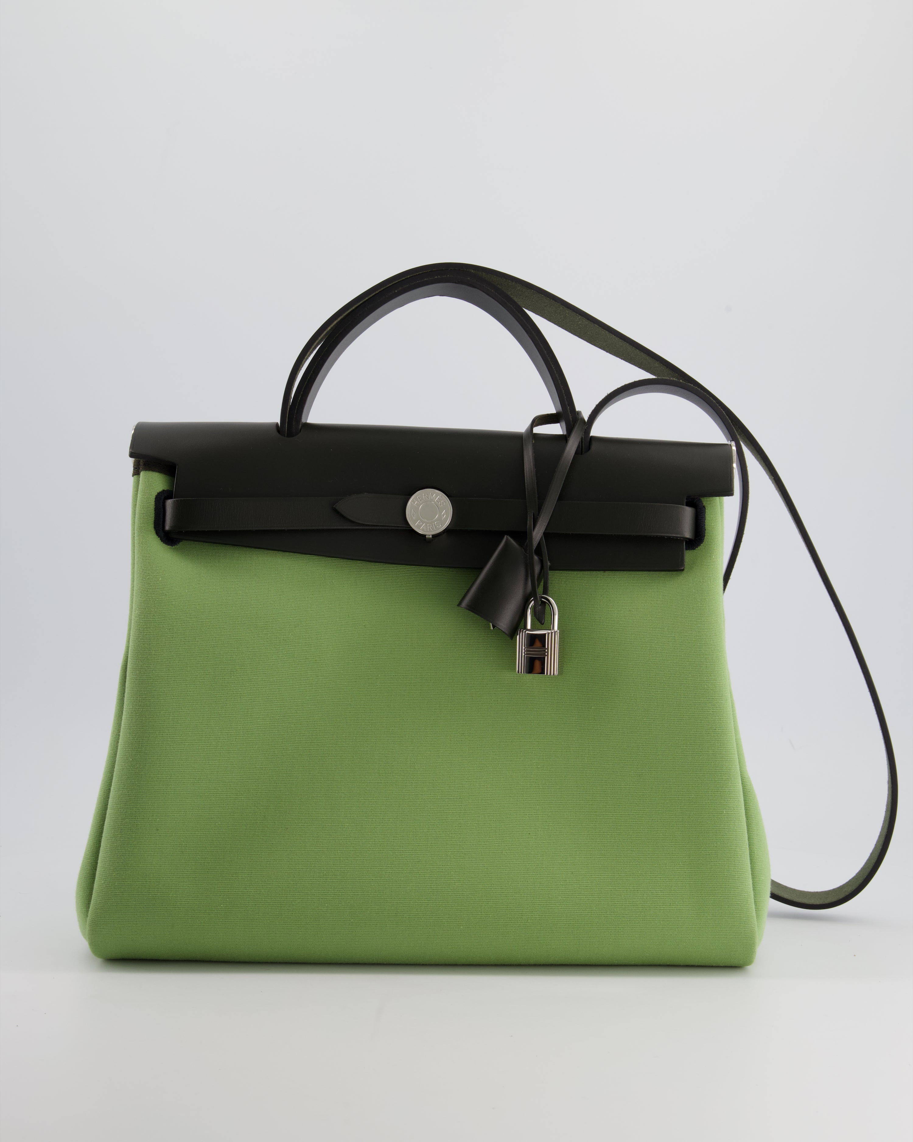 Hermes HerBag 31 Vache Hunter Vert Criquet Toile Bag Retourne Swift with Palladium Hardware