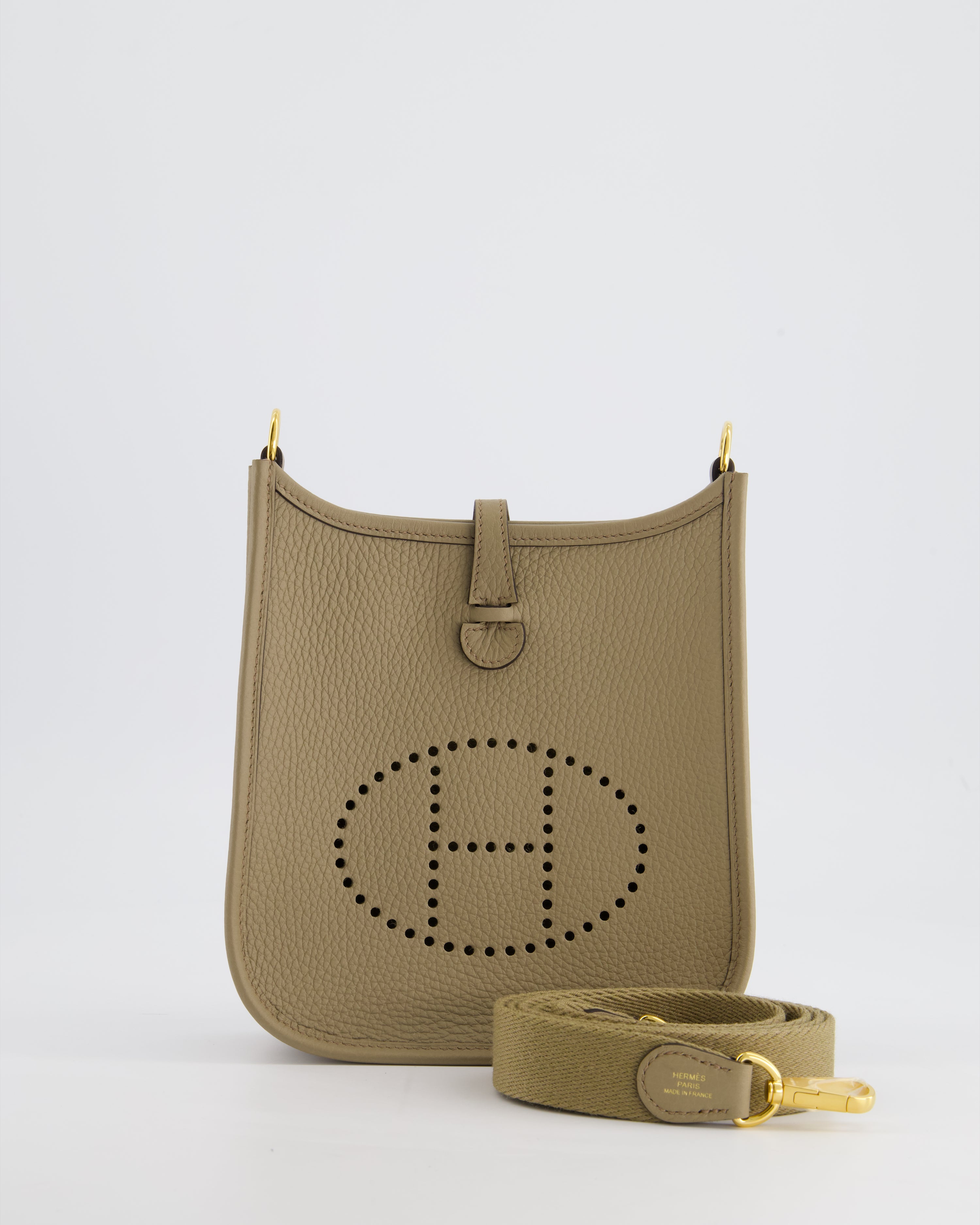 HOT Hermes Mini Evelyne Bag in Beige Marfa Clemence Leather with Gol Sellier