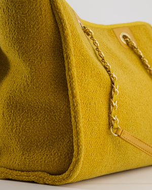 *HOT* Chanel Mustard Yellow Small Deauville Tote Bag in Velvet Tweed with Champagne Gold Hardware