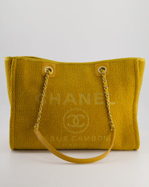 *HOT* Chanel Mustard Yellow Small Deauville Tote Bag in Velvet Tweed with Champagne Gold Hardware