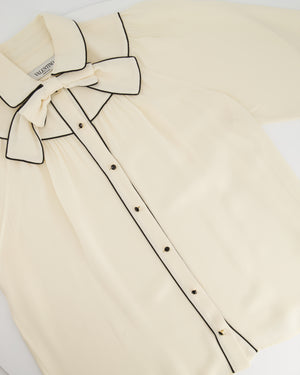 Valentino Cream Long-Sleeve Blouse with Navy Detail and Bow Size IT 42 (UK 10)