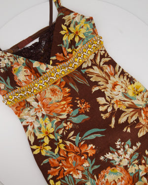 Dolce & Gabbana Brown, Orange Yellow Floral  Printed Midi Dress with Embellished Waistline Detail Size IT 44 (UK 12)