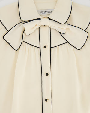 Valentino Cream Long-Sleeve Blouse with Navy Detail and Bow Size IT 42 (UK 10)