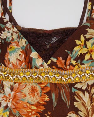 Dolce & Gabbana Brown, Orange Yellow Floral  Printed Midi Dress with Embellished Waistline Detail Size IT 44 (UK 12)