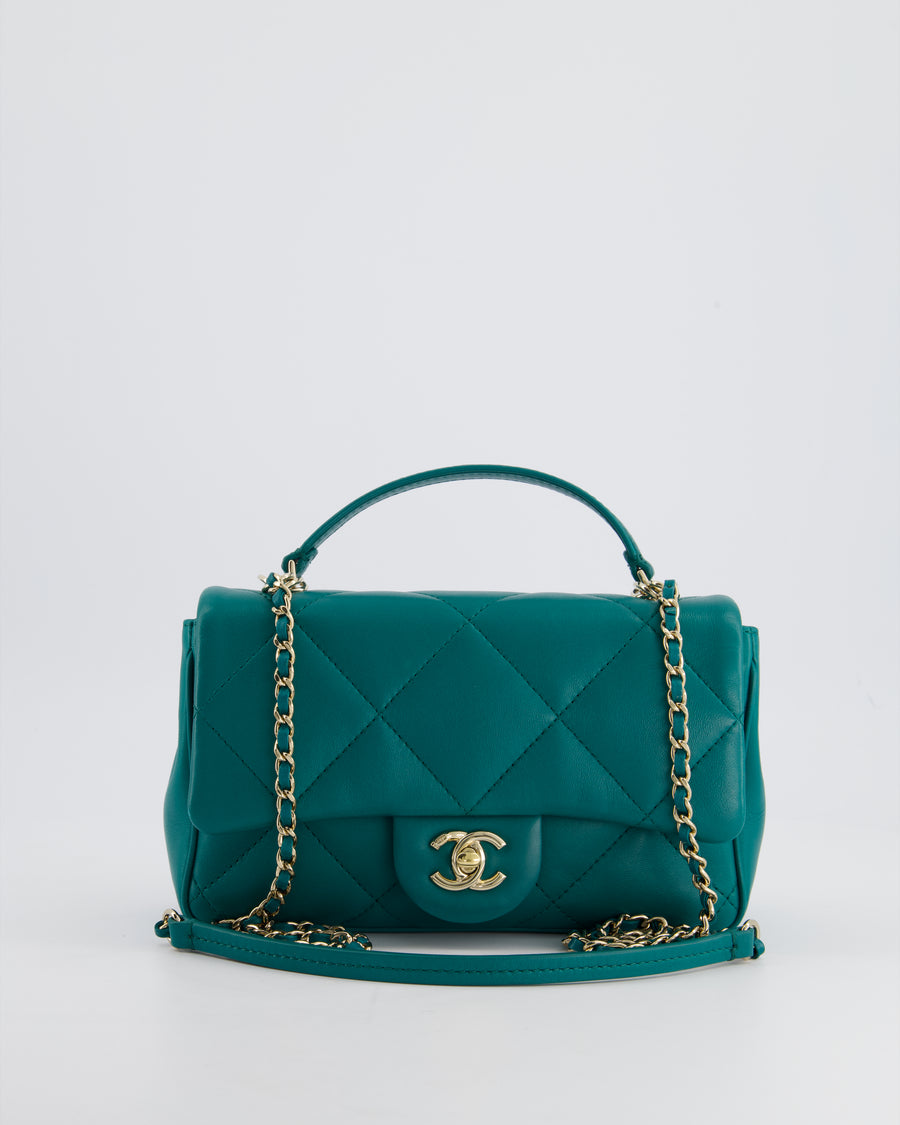 Chanel Teal Small Rectangular Top Handle Flap Bag in Lambskin with Champagne Gold Hardware