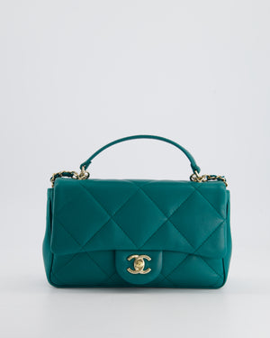 Chanel Teal Small Rectangular Top Handle Flap Bag in Lambskin with Champagne Gold Hardware