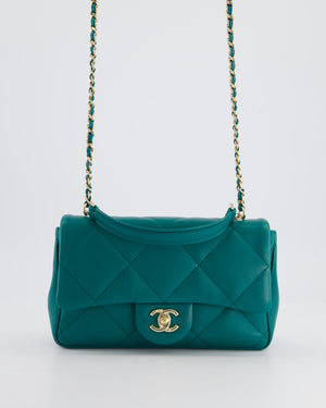 Chanel Teal Small Rectangular Top Handle Flap Bag in Lambskin with Champagne Gold Hardware