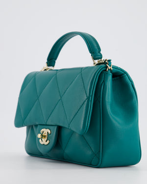 Chanel Teal Small Rectangular Top Handle Flap Bag in Lambskin with Champagne Gold Hardware