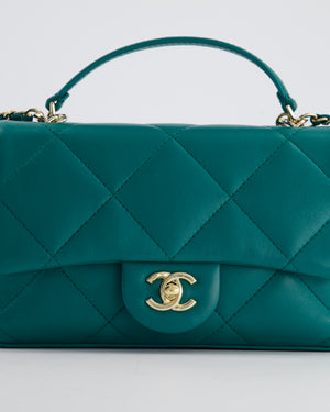 Chanel Teal Small Rectangular Top Handle Flap Bag in Lambskin with Champagne Gold Hardware