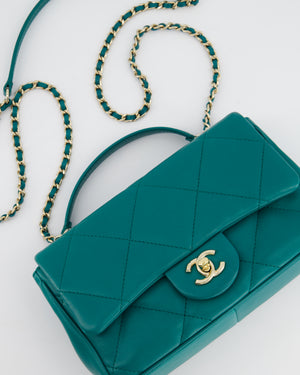 Chanel Teal Small Rectangular Top Handle Flap Bag in Lambskin with Champagne Gold Hardware