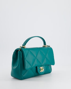 Chanel Teal Small Rectangular Top Handle Flap Bag in Lambskin with Champagne Gold Hardware