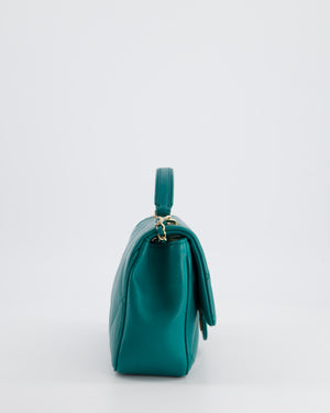 Chanel Teal Small Rectangular Top Handle Flap Bag in Lambskin with Champagne Gold Hardware