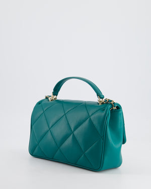 Chanel Teal Small Rectangular Top Handle Flap Bag in Lambskin with Champagne Gold Hardware