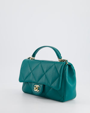 Chanel Teal Small Rectangular Top Handle Flap Bag in Lambskin with Champagne Gold Hardware