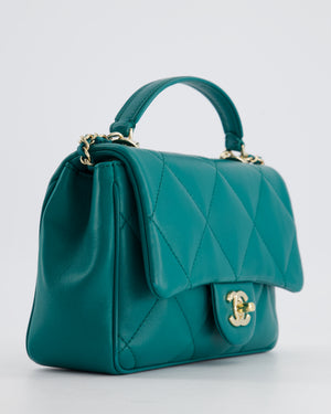 Chanel Teal Small Rectangular Top Handle Flap Bag in Lambskin with Champagne Gold Hardware