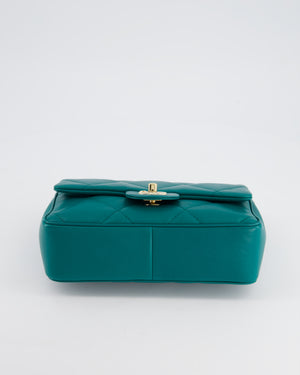 Chanel Teal Small Rectangular Top Handle Flap Bag in Lambskin with Champagne Gold Hardware