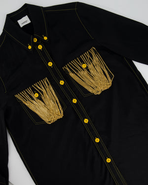 Burberry Black Satin Shirt with Gold Chain Embellishment on the Chest Pockets and Yellow Buttons Size UK 4