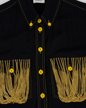 Burberry Black Satin Shirt with Gold Chain Embellishment on the Chest Pockets and Yellow Buttons Size UK 4