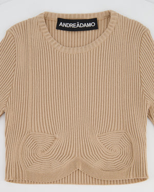 Andreadamo Beige Ribbed Cropped T-Shirt and Mini Skirt Set with Buttons Size S (UK 8)