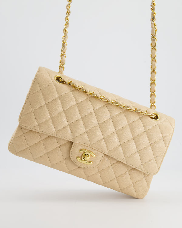 *HOT* Chanel Beige Medium Classic Double Flap in Caviar Leather with Gold Hardware