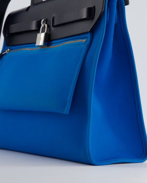 Hermès HerBag 31 Bag In Bleu Zanzibar Canvas and Noir Sellier Box Leather with Palladium Hardware
